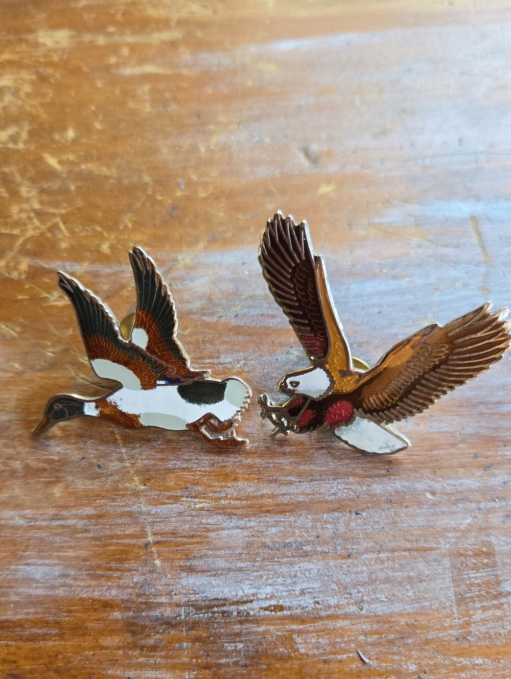 Lot (2) Enamel Flying Duck & Eagle Bird Pins - Brown, White, Gold